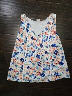 Merona Womens Floral V Neck Sheer Back Sleeveless Blouse Large